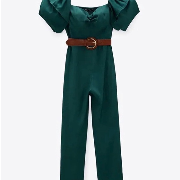 NWT Zara Belted Jumpsuit Puff Shoulder Green Color - Picture 2 of 7